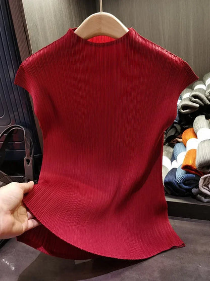 Miyake Versatile Classic Simple Solid Color Stand Up Collar Pleated Top Women Slim Slim Short Sleeve Miyake T-shirt Summer 2025