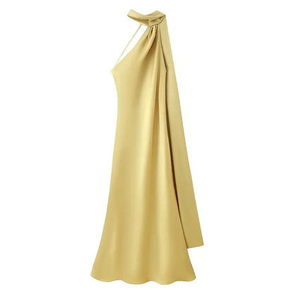 Elegant Long Silk Satin Dress Neck Hanging Pure Color Slim Fit Summer New Fashion Women's Dress City Commuting Casual Wedding