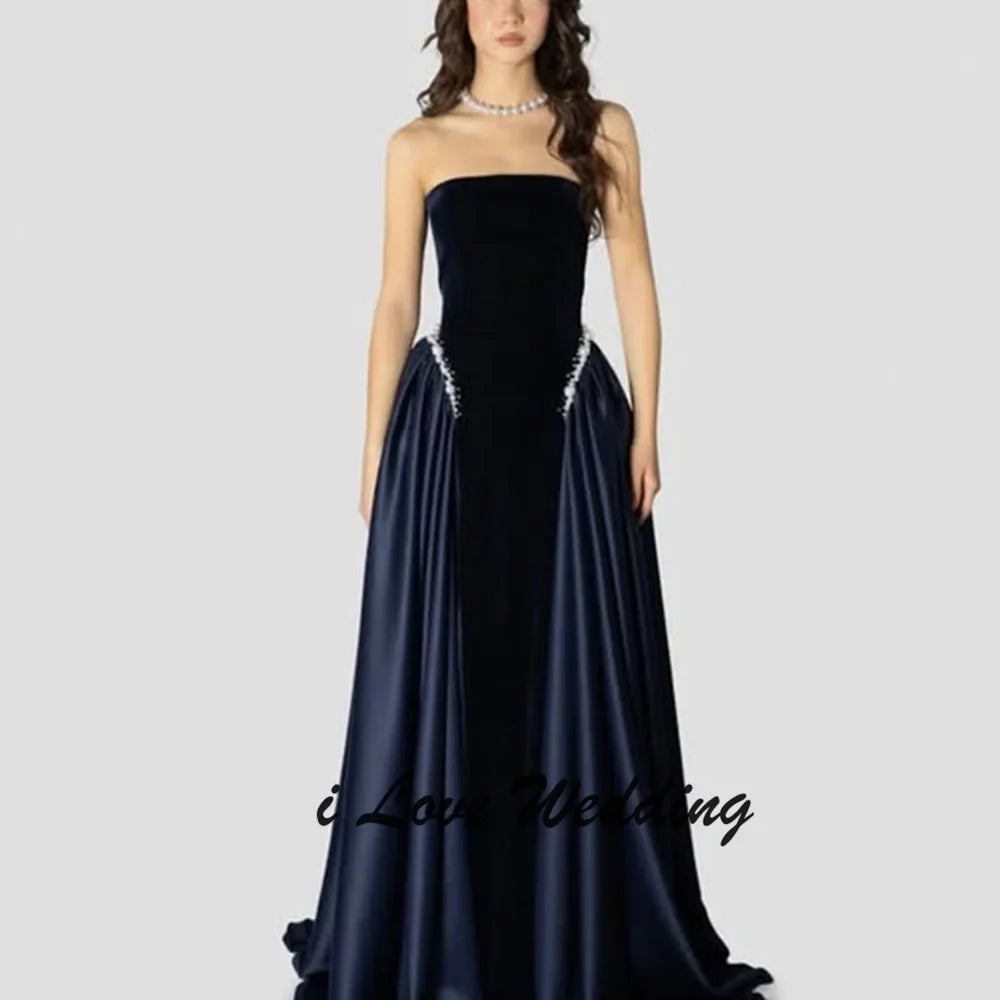 2026 Luxury Boat Collar Pleated Velour Evening Dress Backless Floor Length Beaded Pearls Saudi Party Gown for Women Customized