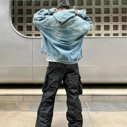 Mens Autumn Fashion Denim Washed Distressed Retro Hoodie Genderless Street Fashion Casual Loose Denim Sweatshirt Unisex