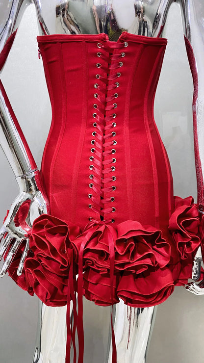Stereoscopic Flowers Back Laceing Strapless Red Bandage Mini Evening Dress Sweet Woman Birthday Party Dress Performance costume