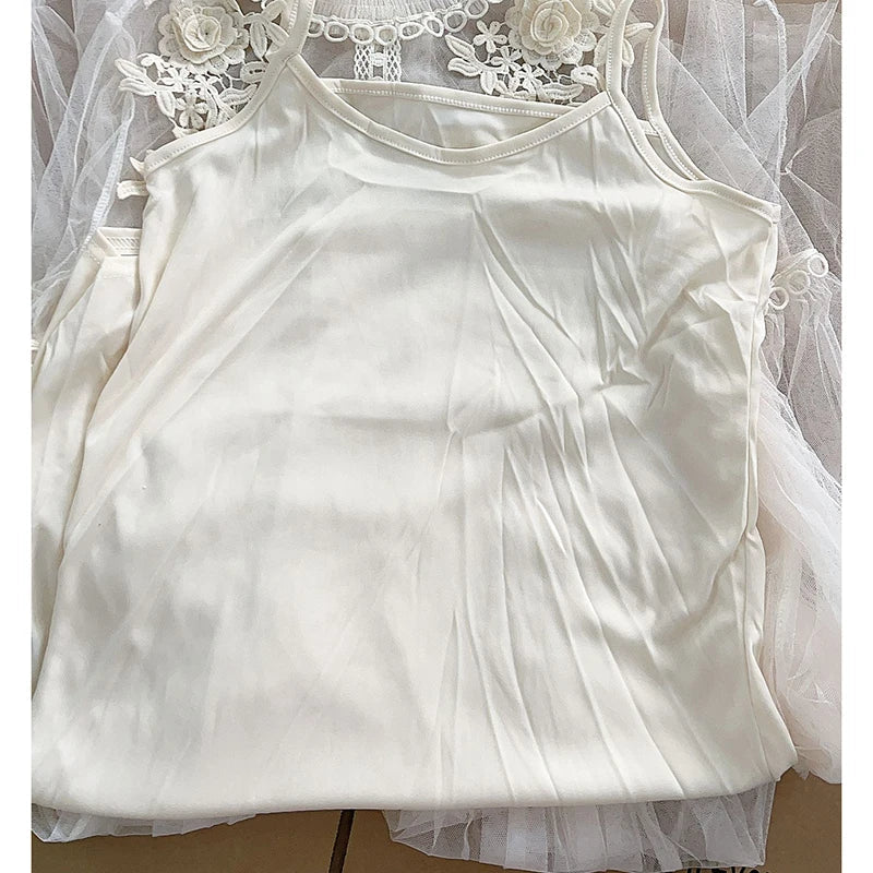 Lace Flower Mesh Summer Dress Women Lantern Sleeve White Casual Dresses Female Party Vintage Slim Women Dress 2 Piece Sets 12041