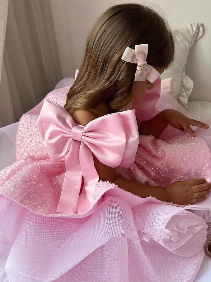 Light Luxury Girls Pink Princess Ball Gown Children Cute Bow Design Birthday Wedding Party Dress y1663
