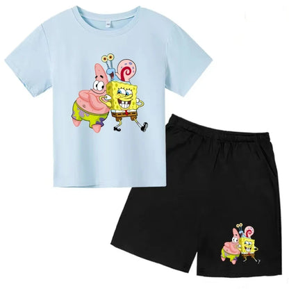 Kids Summer Anime SpongeBob SquarePants Fashion T-shirt 3-12 Years Boys Girls Toddler Short-sleeved+Shorts Casual Sportswear Set