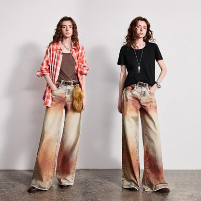 Women Jeans 2026 Spring New Wilderness Wasteland Style Mid Low Waist Loose Printed Wide Leg Pants