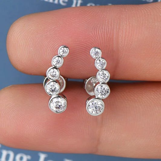 Real 5-Stone Bezel Full D Color Moissanite Stud Earrings for Women S925 Silver Party Round Bubble All Diamond Earring Gift