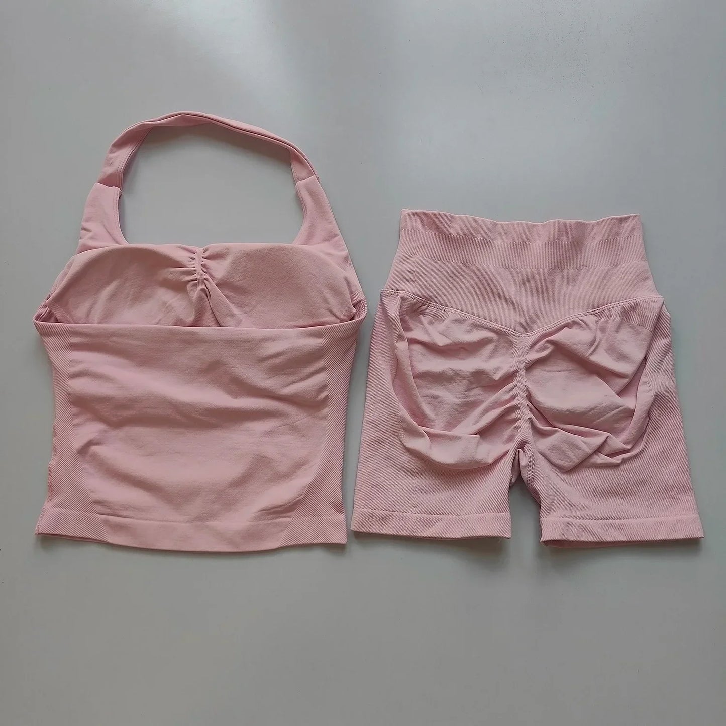 Sexy Halter Neck Beautiful Back High Waist Peach Sports Bras Shorts Suit Pilates Gathering Yoga Vest Training Fitness Bra Sets