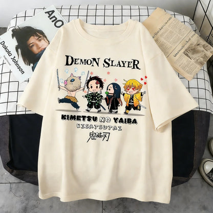 Plus Size Demon Slayer Summer Anime Printed Men, Women T-shirt Casual Parent Child Top Fashion Street Wear Harajuku Style Y2K