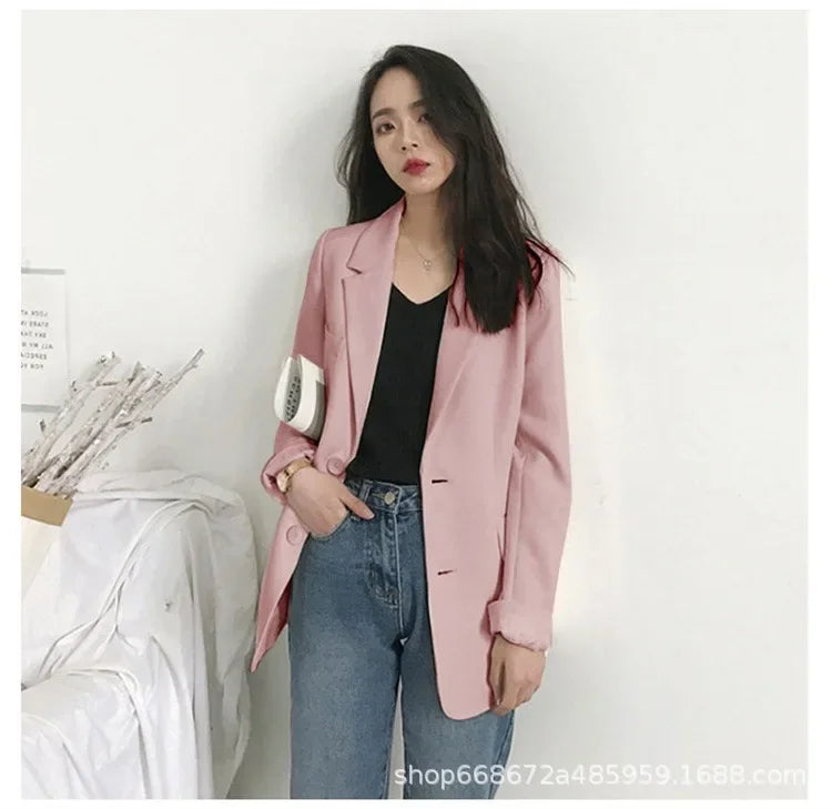 Elegant Casual Loose Long Sleeve Women's Small Suit Jacket Korean Style Spring Autumn Chic Polyester Fiber Button Decoration