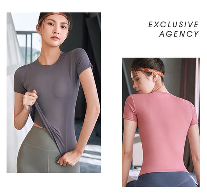 Women's Sports Fitness Clothing Slim Running Sweat Absorbing Skinny Yoga Clothes Quick Drying Clothes Short Sleeved T-shirt
