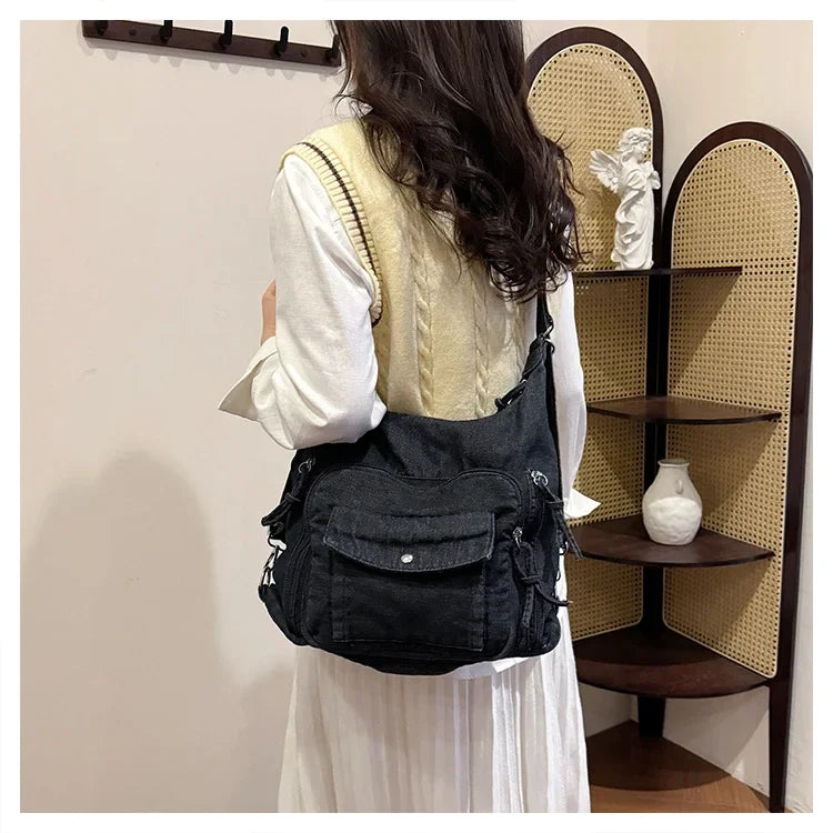 Solid Color Denim Trendy Shoulder Bag for 2025 High Quality Fashion Zipper Large Capacity Versatile Women's Crossbody Bag
