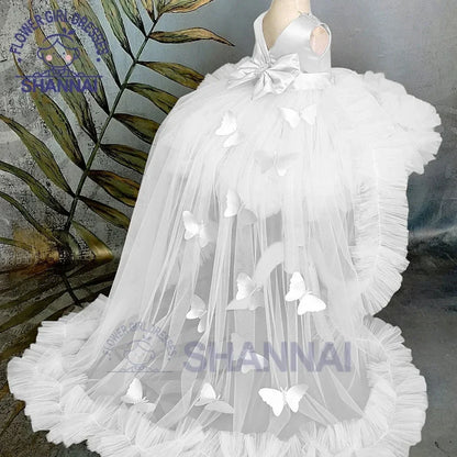 Customized Flower Girl Dresses Puffy Girl Dress Pink Baby Dress With Train Bow Cute Kid's Child Birthday Dresses Frist Communion