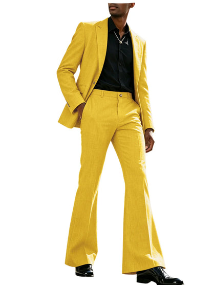Vintage Men's Linen Suit 2 Piece Notch Lapel 2 Button Blazer Wide Leg Flare Pants Breathable Lightweight Set for Business Casual