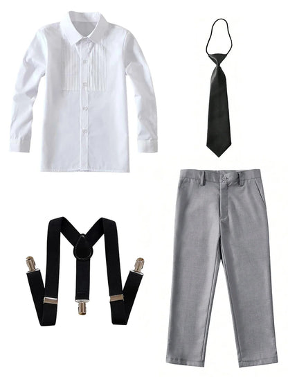 4pcs/set Boys' Suit Set With  Shirt , Pants  Tie And Straps School Uniforms