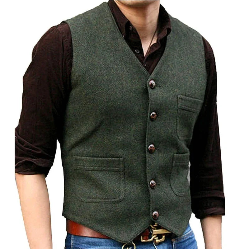 Men Vest Dark Green Herringbone Single Button V Neck With Pocket Waistcoat For Wedding Banquet Business Casual Work Men Suit