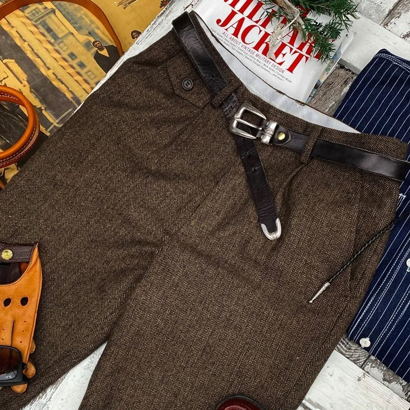 British-Style Vintage Wool Herringbone Pattern Men's Trousers, Large Size, Loose Straight-Leg Naples Men's Pants