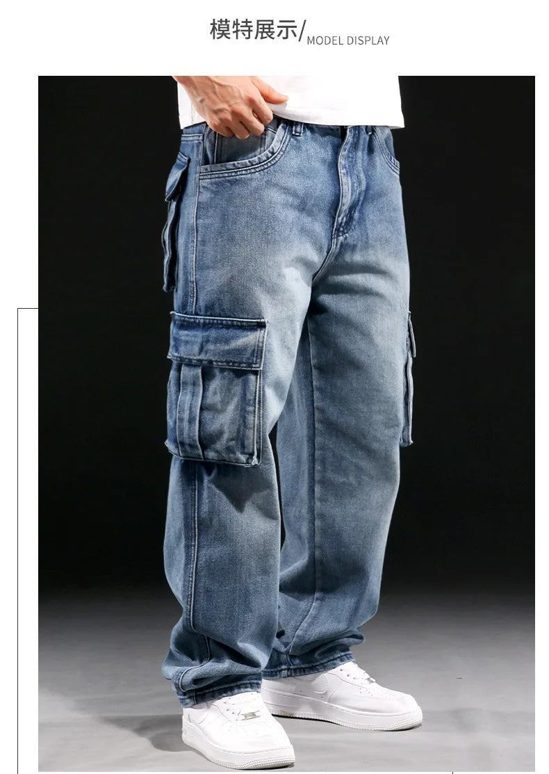 New Men's Fashion Multiple Pockets Loose Jeans Casual Denim Straight Pants Male Hip Hop Wide Leg Cargo Trousers Streetwear