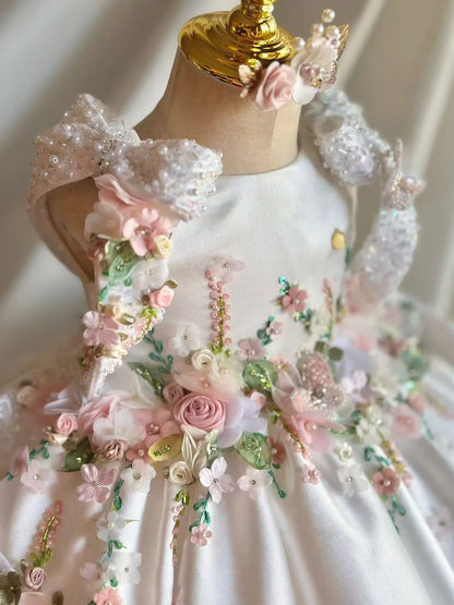 Flower Girl Dress Satin 3D Floral Embellished Ball Gown Wedding Gown First Christmas Party Dress For Girlsفساتين اطفا