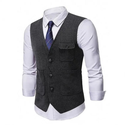 Suit Vest Man Vintage Single-breasted Pocket Male Waistcoat Slim V-neck Sleeveless Business Casual Versatile Men Vest