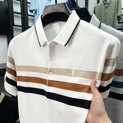 Boutique cotton short sleeve men's polo shirt 2025 summer fashion striped high-end flip collar top casual youth business T-shirt