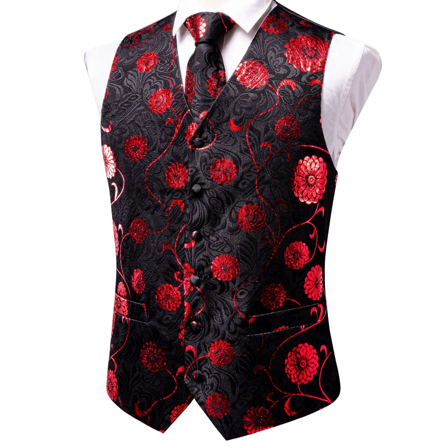 Hi-Tie Black Red Floral Mens Vest Tie Set Jacquard Waistcoat Sleeveless Jacket Necktie Hanky Cufflinks Wedding Business XXL