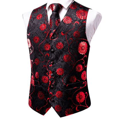 Hi-Tie Black Red Floral Mens Vest Tie Set Jacquard Waistcoat Sleeveless Jacket Necktie Hanky Cufflinks Wedding Business XXL