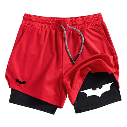 Bat Print 2 in 1 Performance Shorts for Men Athletic Breathable Quick Dry Shorts with Phone Pocket Gym Workout Running
