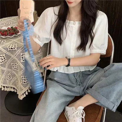 Korean Summer Ruffle Elegant Chiffon Cool Blouse Women Youthful Cute Cropped Tops Chic Short sleeve Feminine Shirt