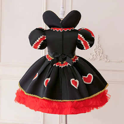 Halloween Red Queen Costume Girls Queen of Hearts Costume with Heart Details Stand Collar Red Black White Carnival Dress