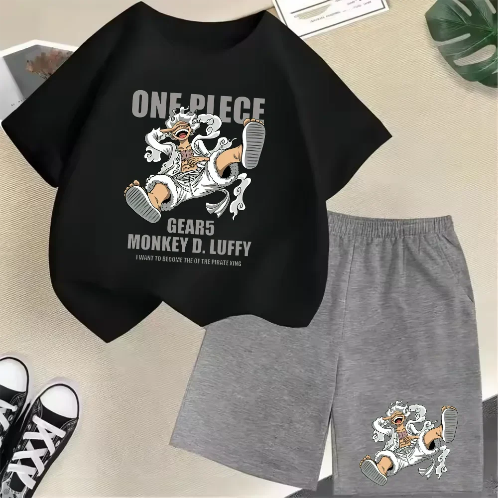 Summer New Cotton Kids T-Shirt Set Luffy Gear 5 One Piece Children Shorts Sport Casual School Outdoor Boys Tracksuit