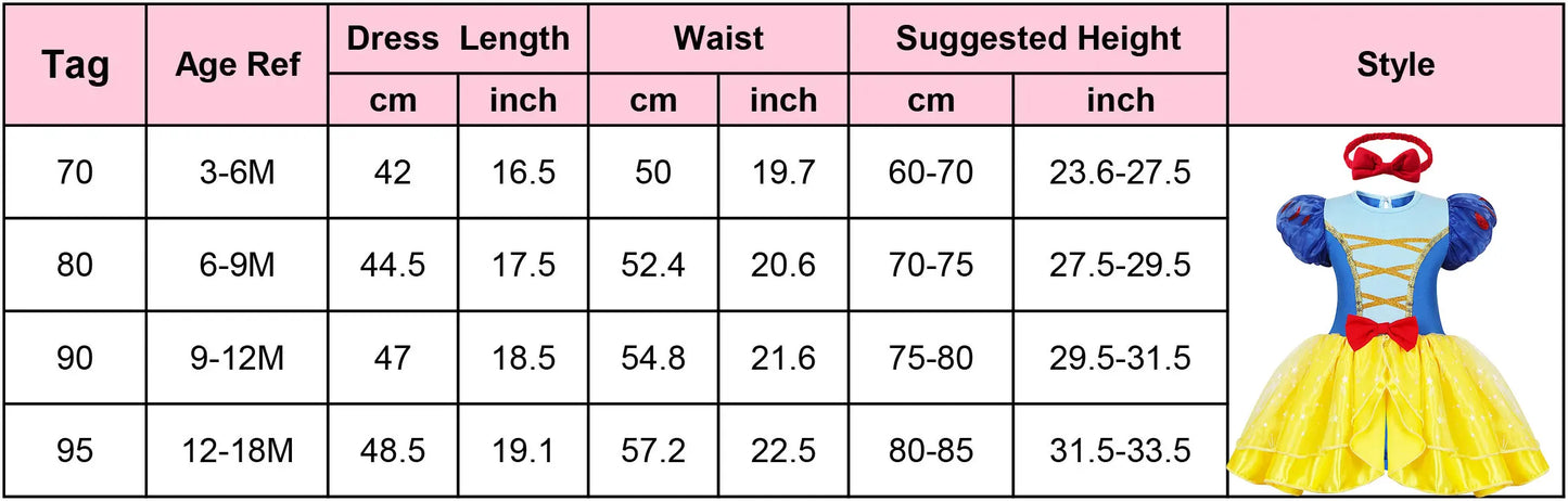 2026 Disney Infant Snow White Dress With Headband Infant Baby Princess Girl Cute Design Clothes Baby Dress Party Costumes Set
