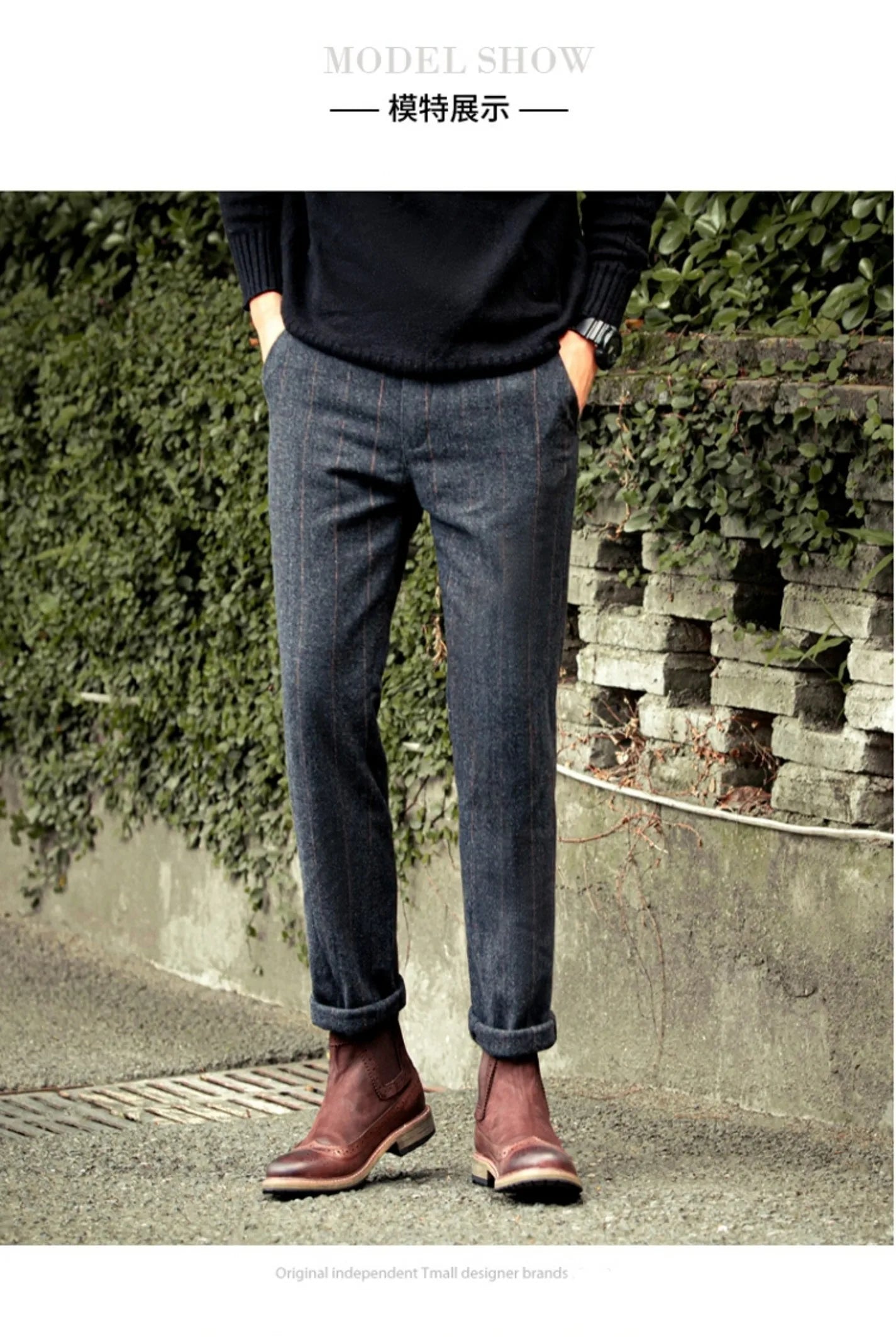 Retro British Wool Herringbone Casual Pants for Men, Thick Loose Plaid Pants for Autumn and Winter, Large Size Woolen Pants