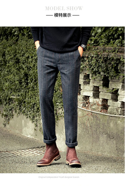 Retro British Wool Herringbone Casual Pants for Men, Thick Loose Plaid Pants for Autumn and Winter, Large Size Woolen Pants