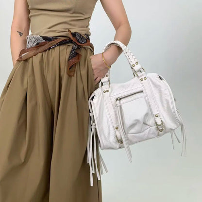 Y2K women's street style personalized rivet made old shoulder bag, retro motorcycle tote bag