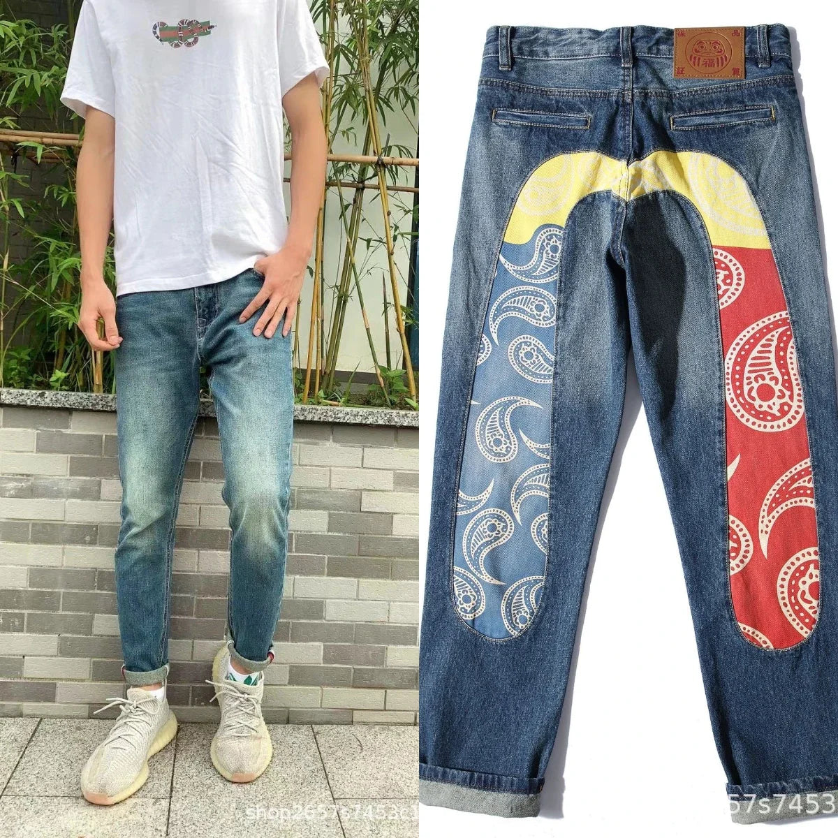 Men's Japanese Handmade Embroidered Jeans Pure Cotton Straight Tube Hip-Hop Popular Slim Red Ears Show Thin Trousers Devil Black