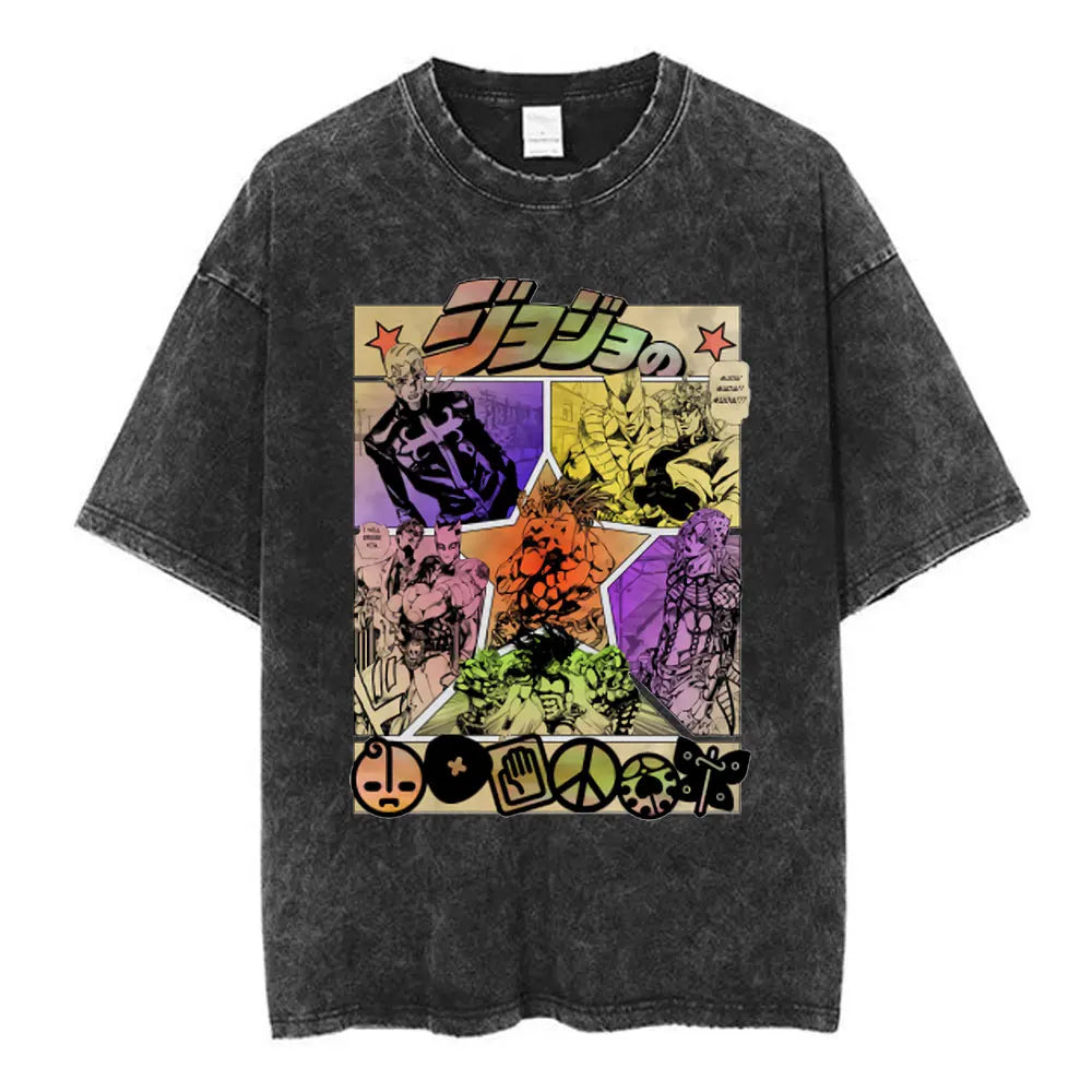 Anime Jojo Bizarre Adventure Washed T-shirt STEEL BALL RUN Diego Brando Manga T-shirts Men Women Cotton Casual Oversized T shirt