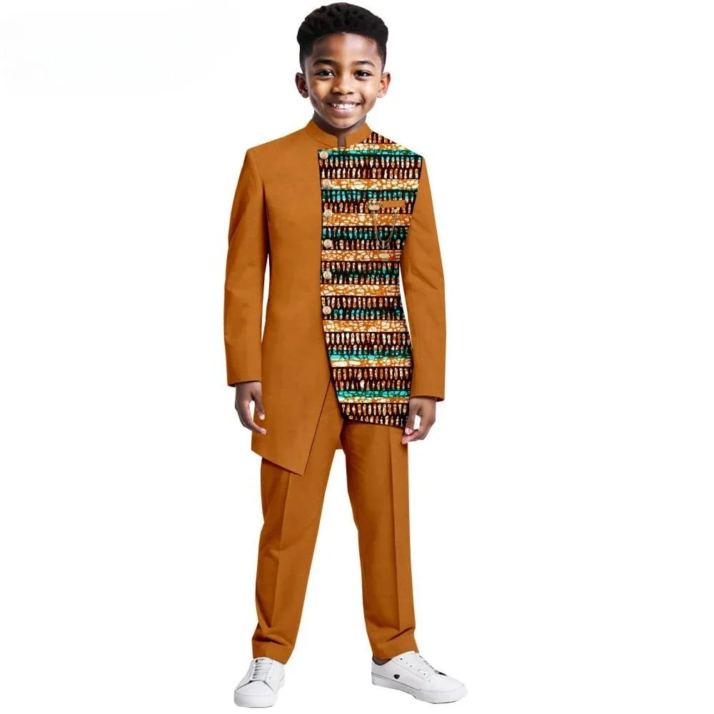 African Patterned Children's Elegant Suit Set 2 Pieces For Formal Occasion,Stylish Smart Boys Tuxedo Sets Wedding Outfit XS-XXL