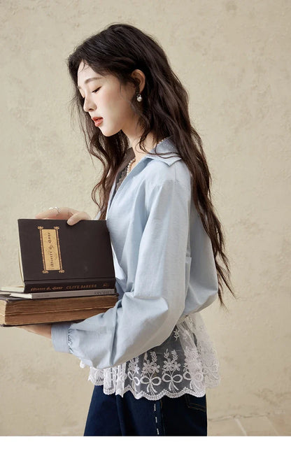 French Spring Shirts Women 2025 Long Sleeve Turn-down Collar Fake Two-piece Blouses Female Splicing Lace Tops MXE16C0783
