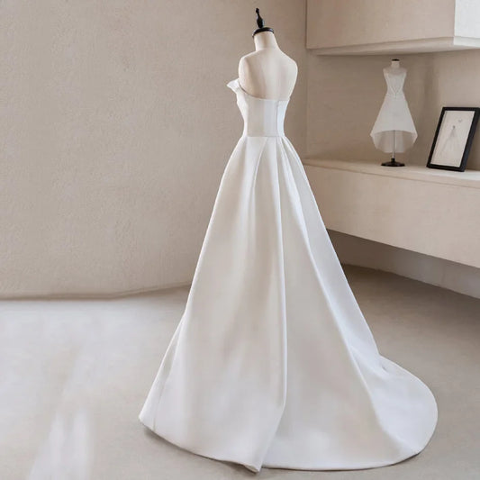 French Luxury White Satin Trailing Wedding Dresses for Bride 2026 Women Elegant Sexy Strapless Long Prom Party Dress Vestidos