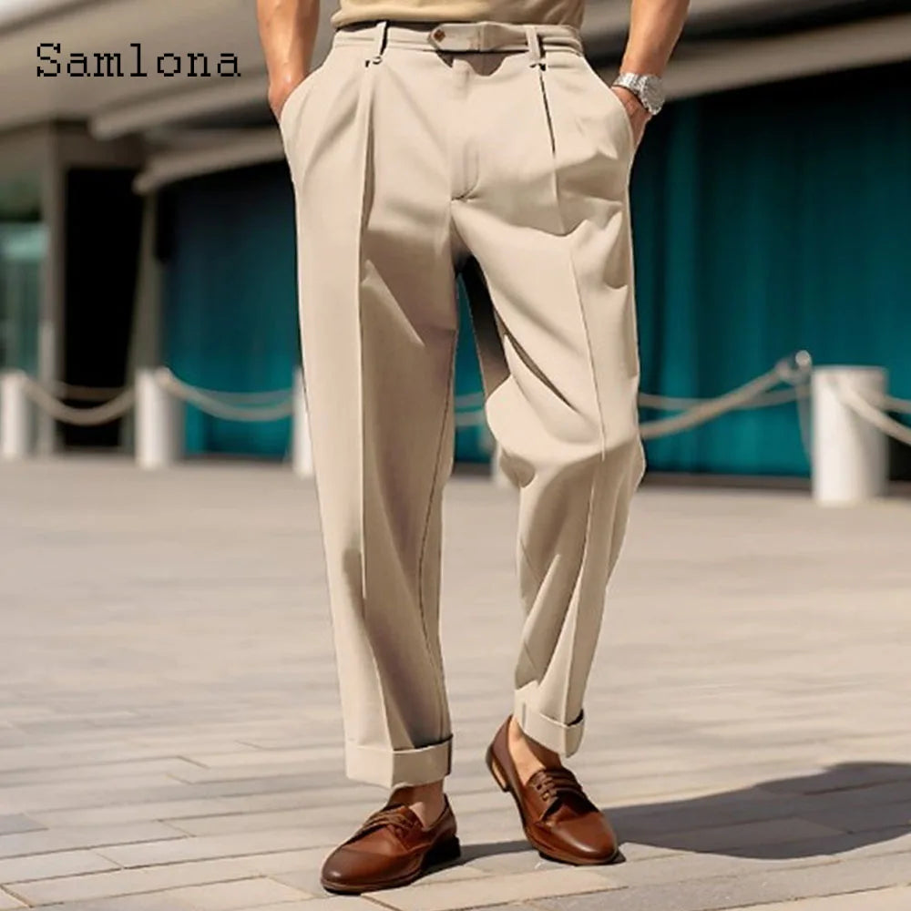 2023 Men's Stand Pocket Elegant Wide Leg Pants Solid White Party Wedding Trousers Plus Size Mens Fashion Buttons Up Suit Pants