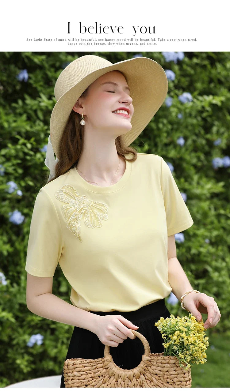 Yellow Bow Bead Embroidered Short Sleeved T-shirt Top for Women Summer 2025 Solid Round Neck Casual Tee 2252015981