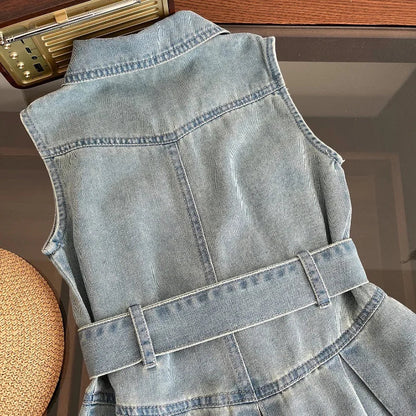 Summer New Girls Denim Dress Belt Decoration Lapel Collar Sleeveless Tutu Princess Dress For 2 -10 Years Kids Fashion Dress