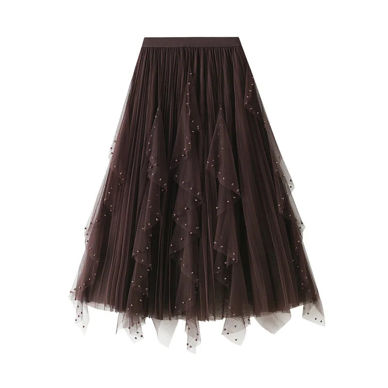 Women's Lotus Leaf Edge A Line Fairy Elastic Waist Tulle Skirt Midi High Waist Mesh Dress Solid Color Irregular Yarn Skirt D8808
