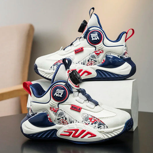 Leather Upper Children Basketball Shoes Rotatory Button Shock Absorbing Boys Shoes