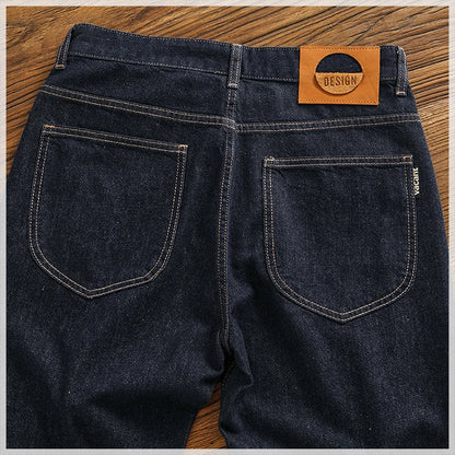Anti-fading solid color general wash primary color denim jeans men's dark American casual loose straight cone pants