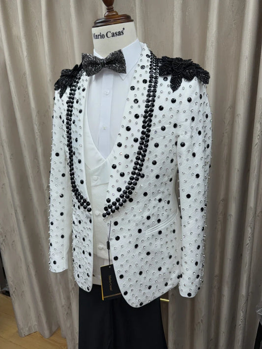 Luxurious Crystal Suit Set 3 Pieces Wedding Banquet Party Wear Handsome Long Sleeved Suits For Men Elegant Shawl Lapel Tuxedo