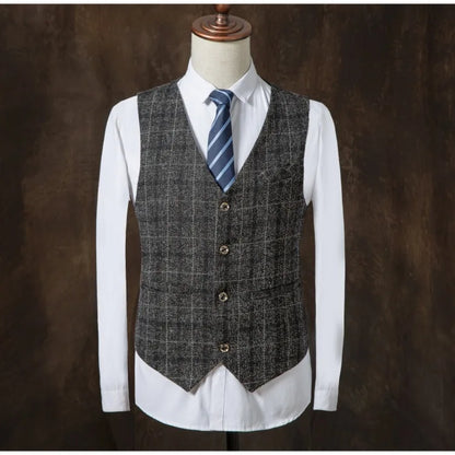Formal Groom Wear 3 Piece (Blazer+ Vest + Pants) Men's Suit Fashion Business Gentleman Wedding Casual Plaid Cotton Linen Jacket
