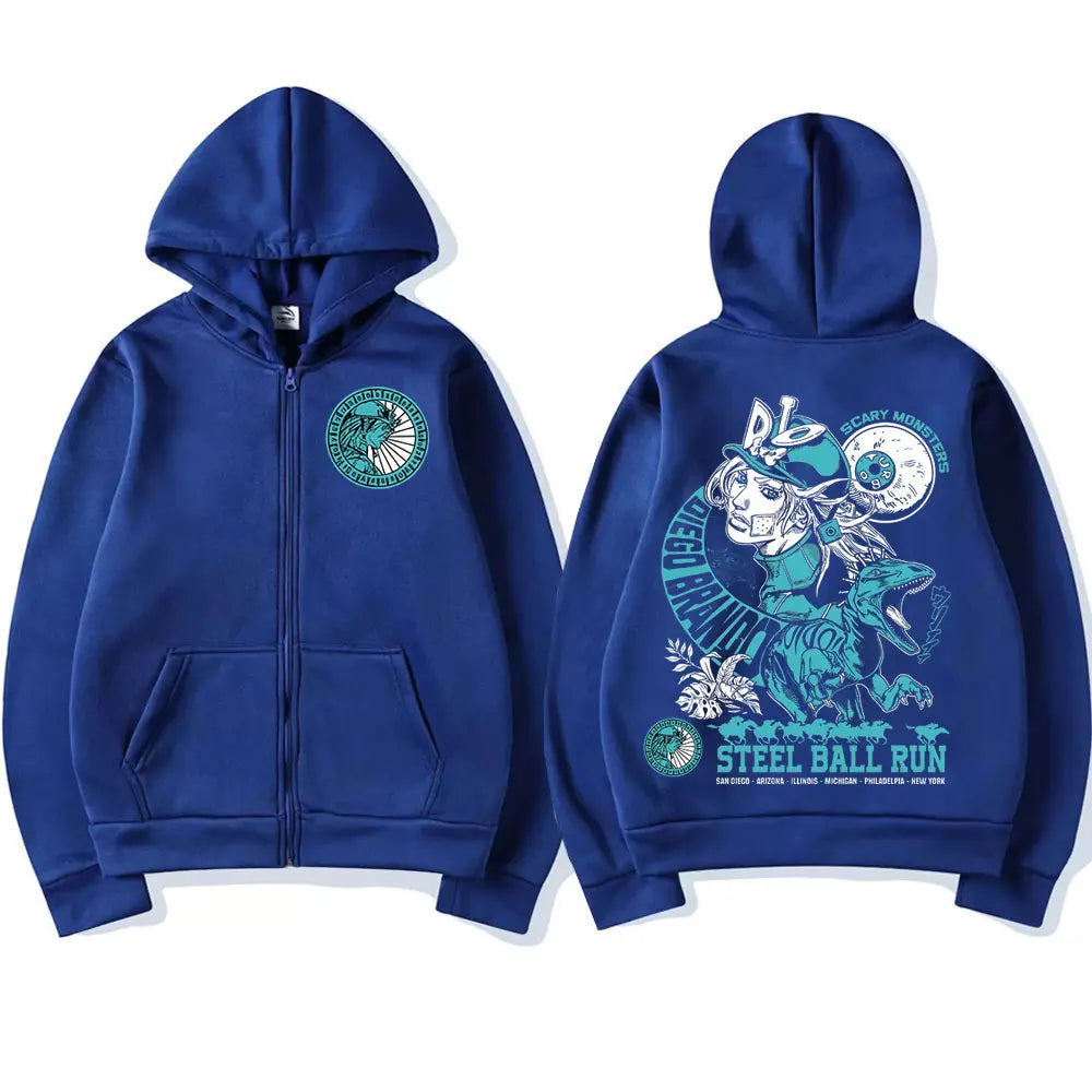 Anime Jojo Bizarre Adventure Zipper Hoodies STEEL BALL RUN Diego Brando Manga Zip Up Sweatshirts Men's Fashion Casual Pullovers