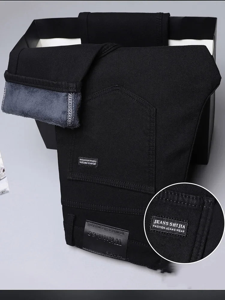 2025 New Winter Pure Black Fleece Thick Warm Jeans Men's loose Straight Elastic Denim Pants classics Casual Plush Trousers