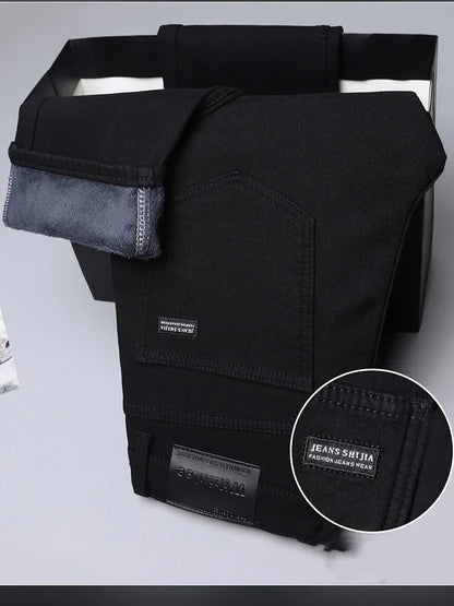 2025 New Winter Pure Black Fleece Thick Warm Jeans Men's loose Straight Elastic Denim Pants classics Casual Plush Trousers